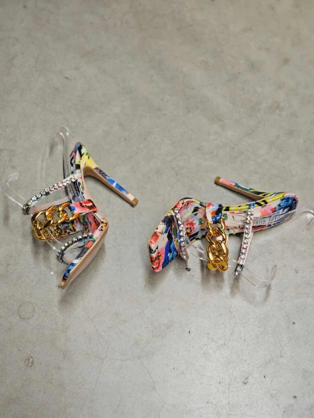 Floral Open-Toe High Heels With Rhinestone & Gold Chain Straps Multicolor Womens - Picture 5 of 14